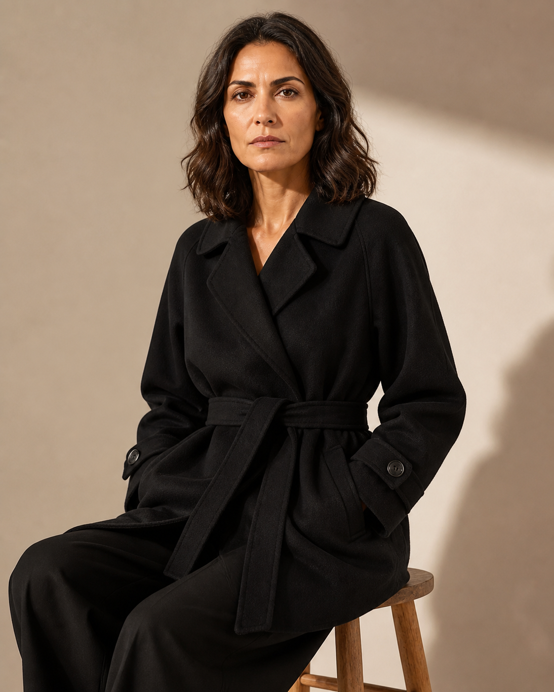 Women's Belted Wool Coat with Chest Flap Pockets in Black, 03 seated or leaning, worn by model