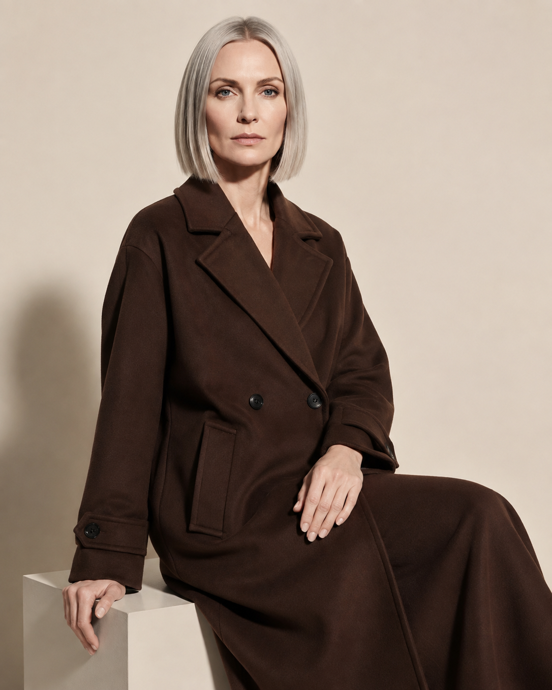 Women's Double-Breasted Long Coat with Patch Pockets in Reddish Brown, 03 seated or leaning, worn by model