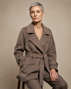 Women's Belted Wool Coat with Chest Flap Pockets in Gray Coffee Color, 03 seated or leaning, worn by model