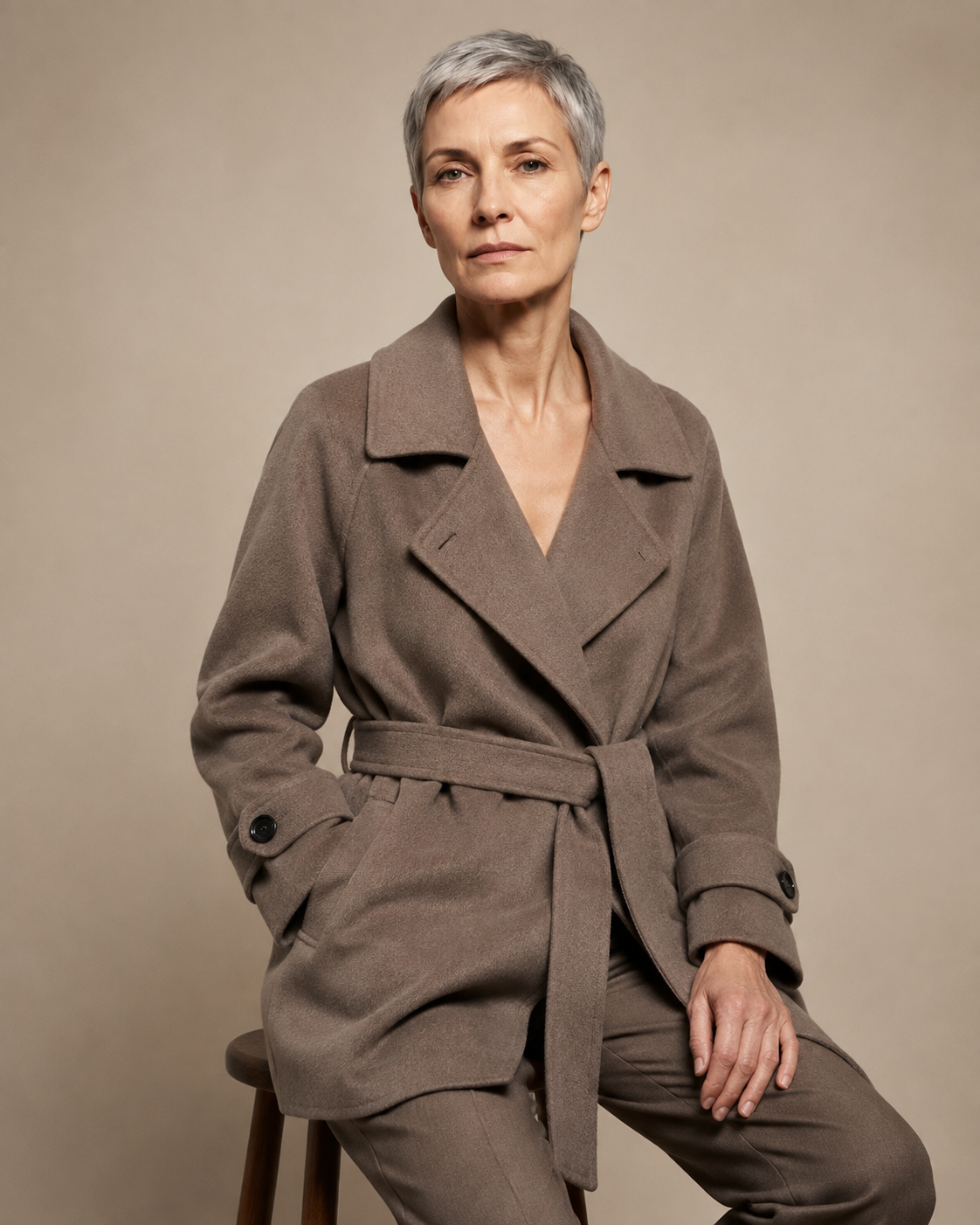 Women's Belted Wool Coat with Chest Flap Pockets in Gray Coffee Color, 03 seated or leaning, worn by model