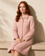Women's Longline Lapel Coat for Everyday Layering in Pink, 03 seated or leaning, worn by model