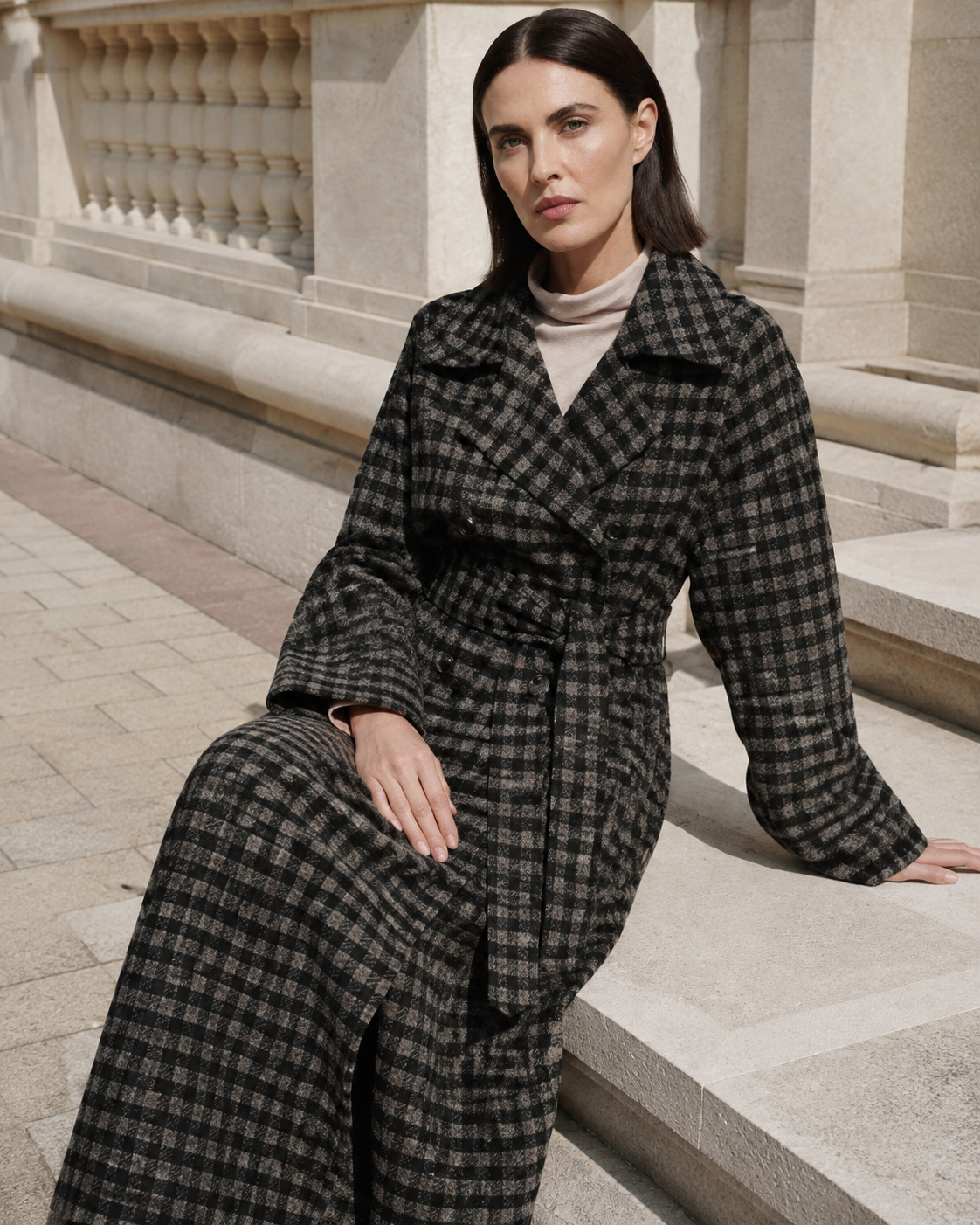 Women's Long Plaid Button-Front Coat for Smart Layering in Black, 03 seated or leaning, worn by model