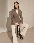 Women's Textured Single-Button Blazer for Smart Layering in Coffee, 03 seated or leaning, worn by model