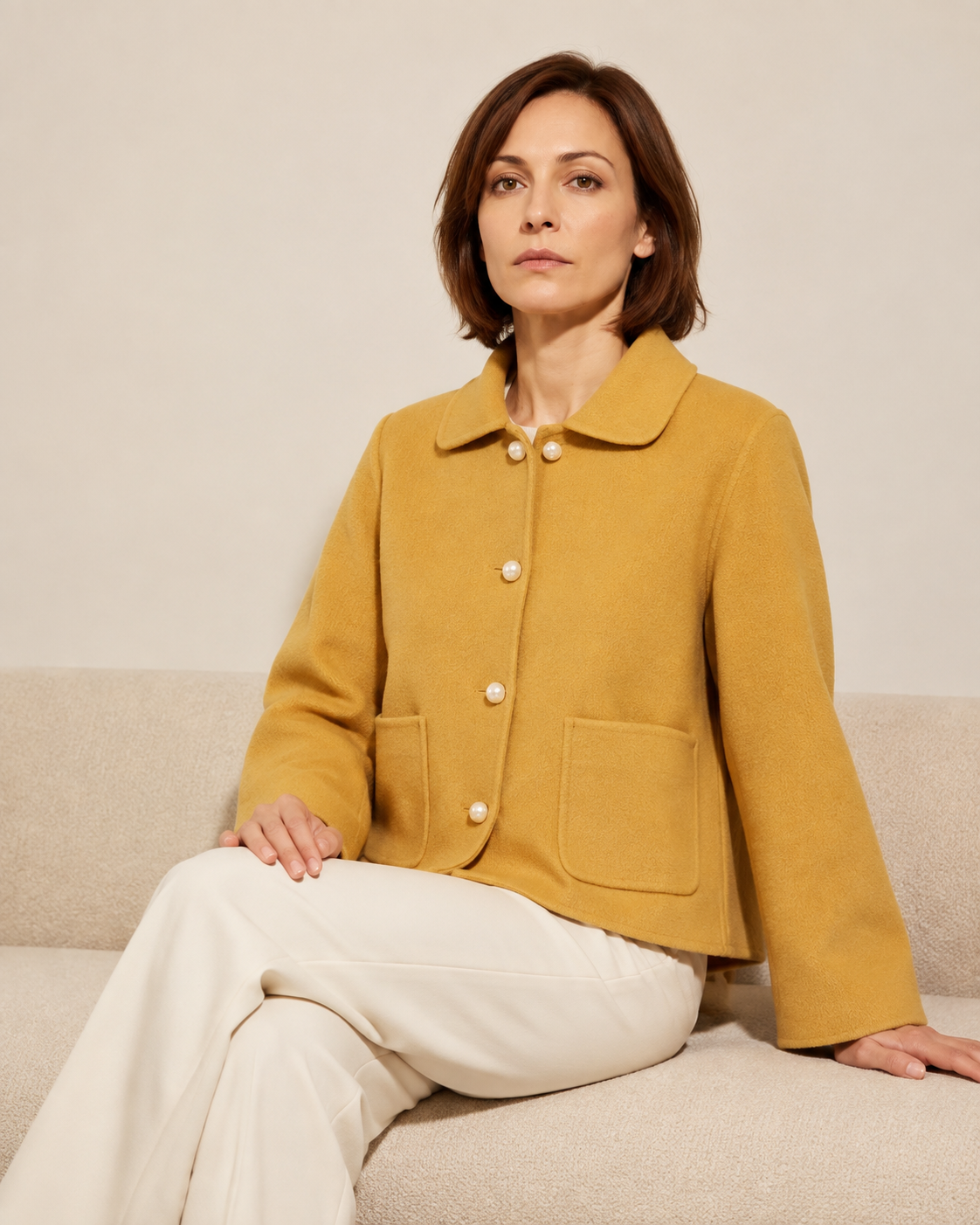 Women's Cropped Button-Front Woolen Jacket for Layering in Ginger Yellow, 03 seated or leaning, worn by model