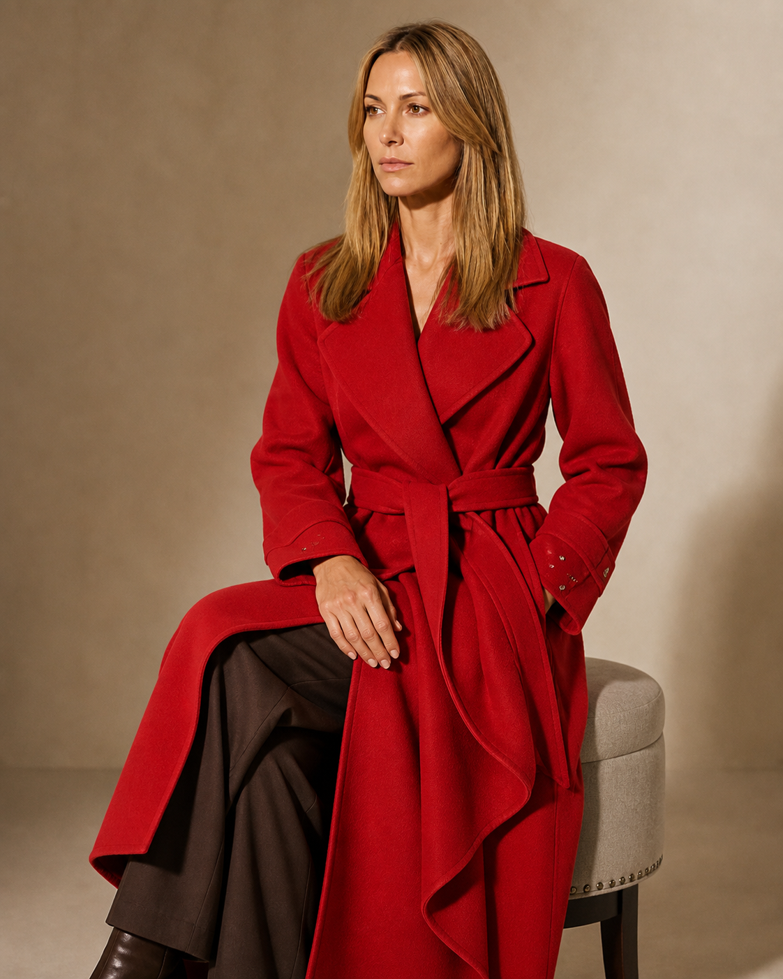 Women's Belted Wrap Coat with Draped Hem in Red1, 03 seated or leaning, worn by model