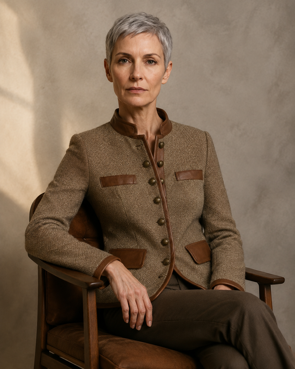 Women's Trim Detail Button Front Jacket in Brown, 03 seated or leaning, worn by model