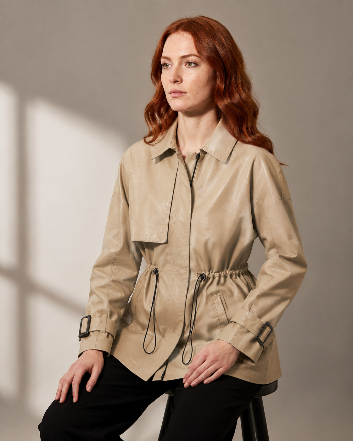 Women's Belted Leather-Look Trench Coat for Everyday Layering in Beige, 03 seated or leaning, worn by model