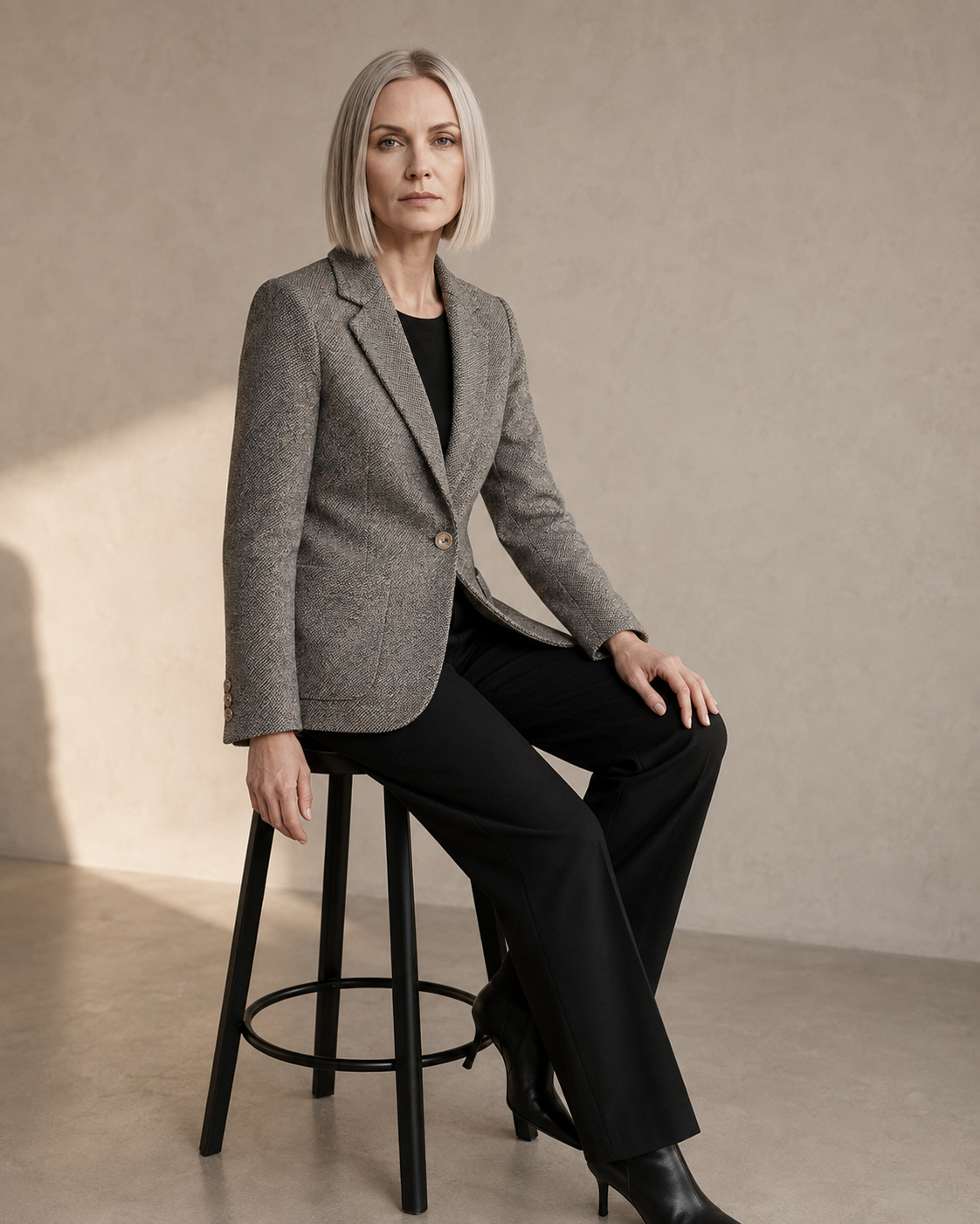 Women's Textured Single-Button Blazer for Smart Layering in Gray, 03 seated or leaning, worn by model