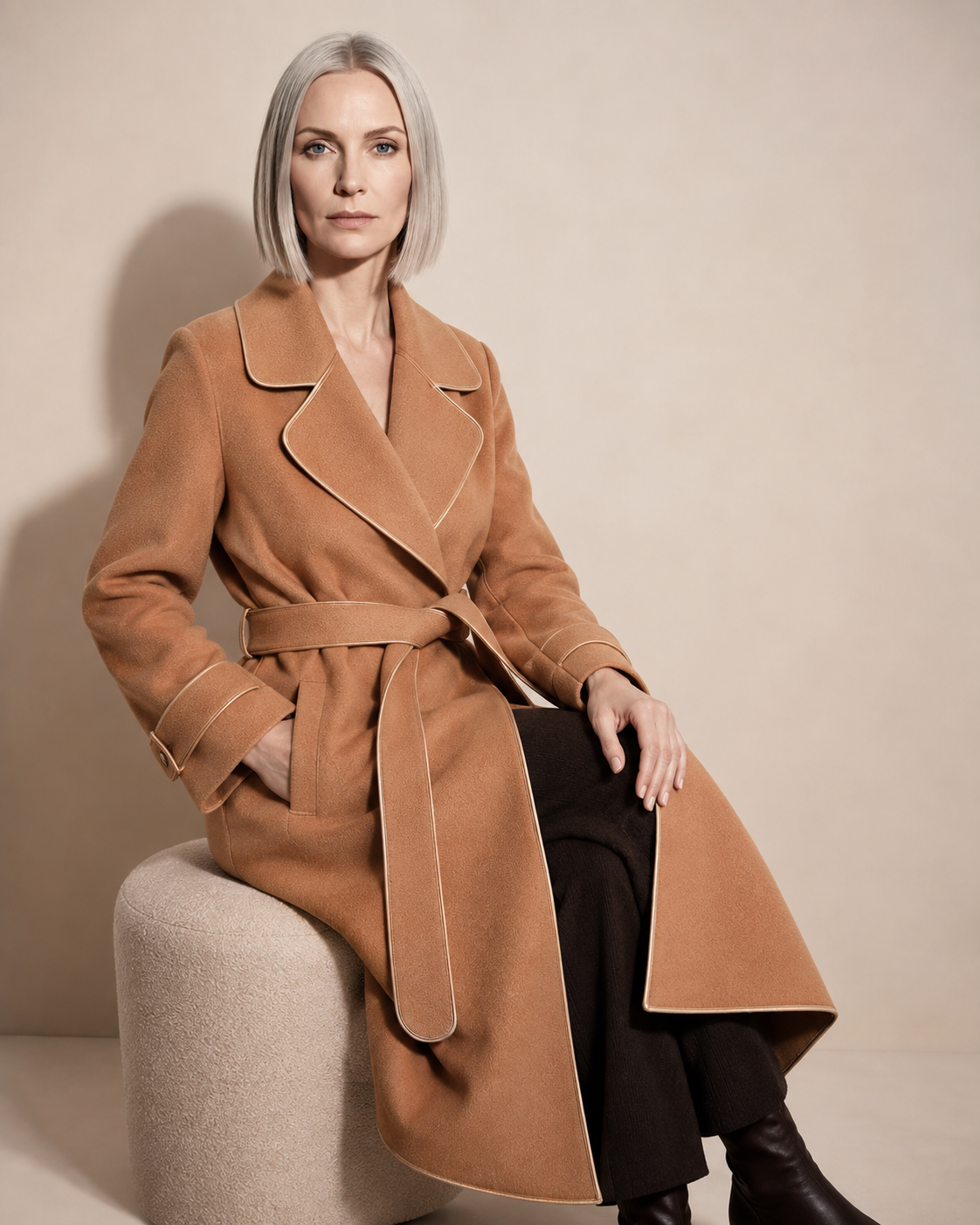 Women's Belted Wrap Coat with Draped Hem in Golden Camel, 03 seated or leaning, worn by model