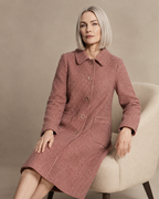Women's Longline Lapel Coat for Everyday Layering in Red, 03 seated or leaning, worn by model