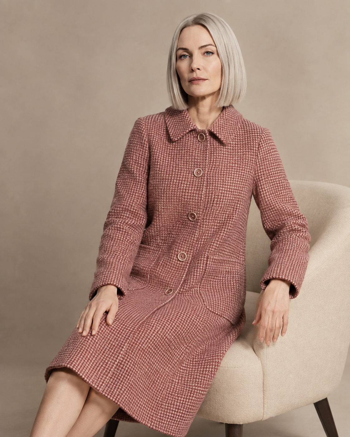 Women's Longline Lapel Coat for Everyday Layering in Red, 03 seated or leaning, worn by model