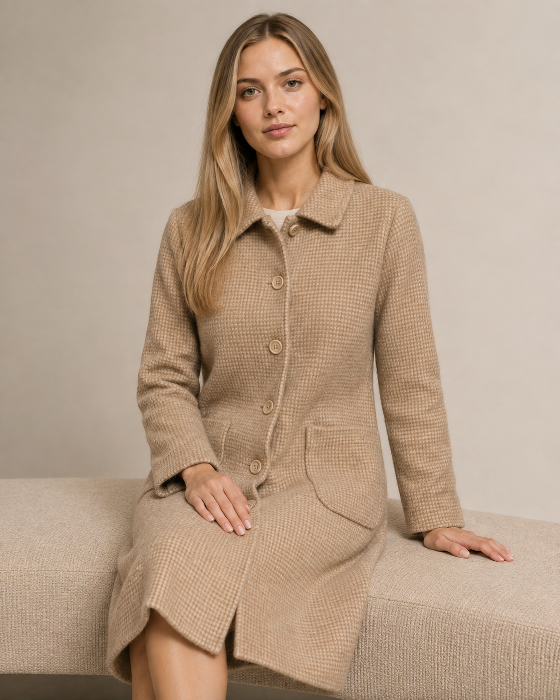 Women's Longline Lapel Coat for Everyday Layering in Camel, 03 seated or leaning, worn by model