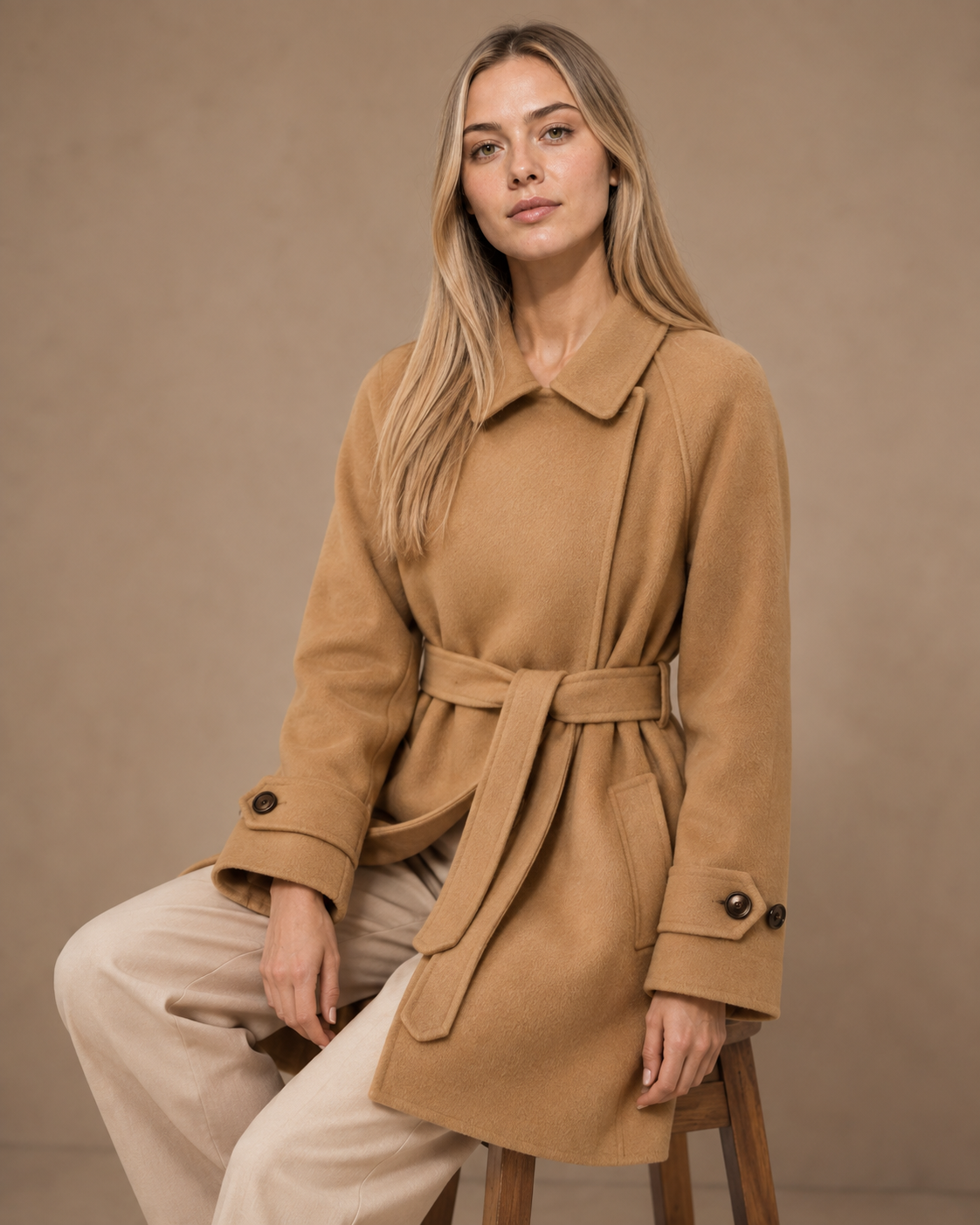 Women's Belted Wool Coat with Chest Flap Pockets in Camel, 03 seated or leaning, worn by model