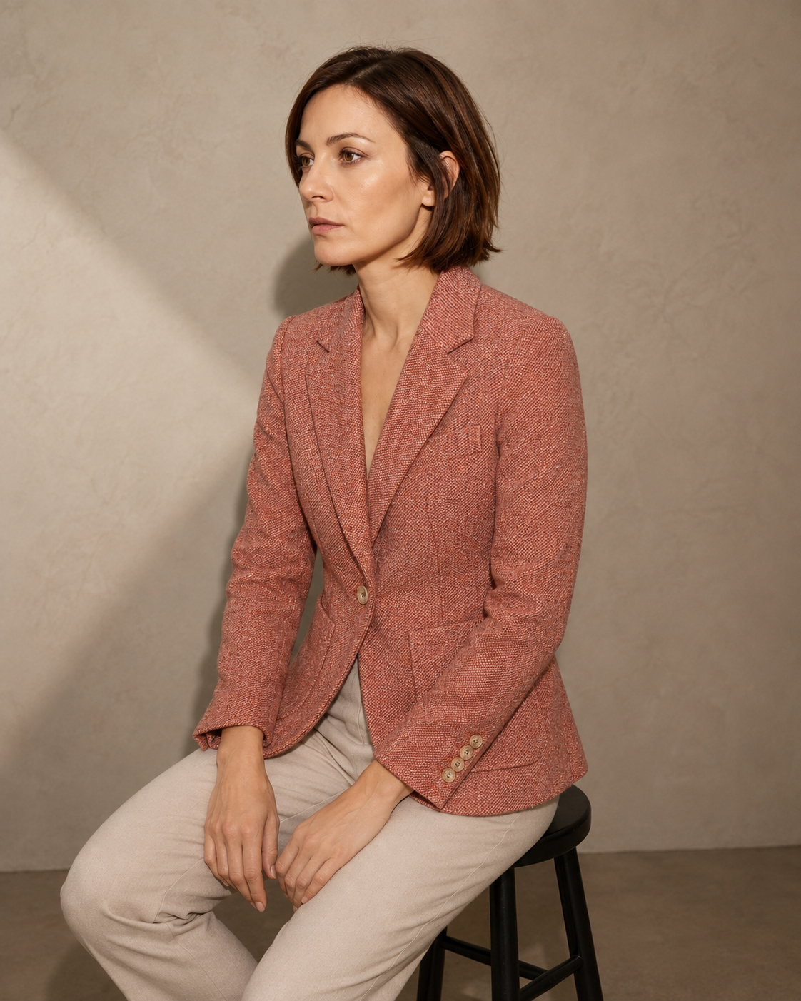 Women's Textured Single-Button Blazer for Smart Layering in Orange, 03 seated or leaning, worn by model