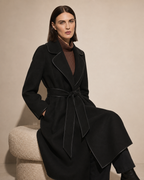Women's Belted Wrap Coat with Draped Hem in Black, 03 seated or leaning, worn by model