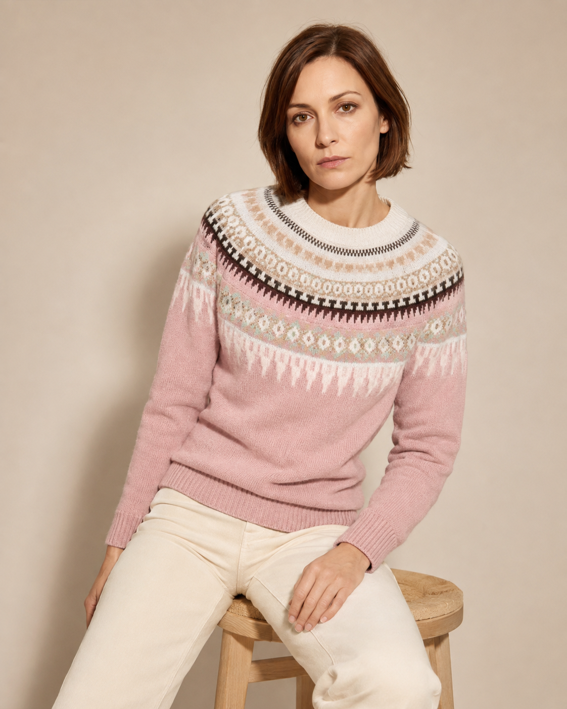 Women's Fair Isle Crewneck Knit Sweater in Pink, 03 seated or leaning, worn by model