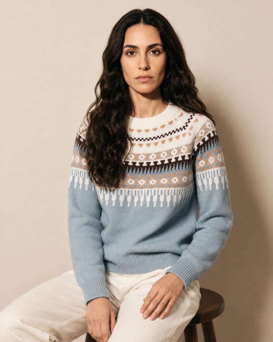 Women's Fair Isle Crewneck Knit Sweater in Sky Blue, 03 seated or leaning, worn by model