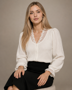 Women's V-Neck Lace Trim Button-Front Top in White, 03 seated or leaning, worn by model