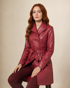 Women's Belted Trench Coat with Notched Collar in Red, 03 seated or leaning, worn by model