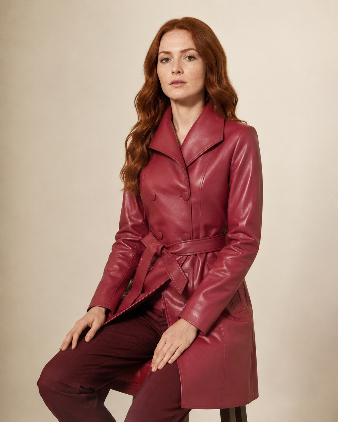 Women's Belted Trench Coat with Notched Collar in Red, 03 seated or leaning, worn by model