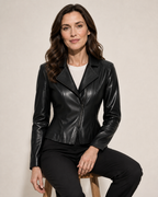 Women's Faux Leather Moto Jacket with Zip Front in Black, 03 seated or leaning, worn by model