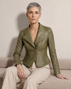 Women's Faux Leather Moto Jacket with Zip Front in Green, 03 seated or leaning, worn by model