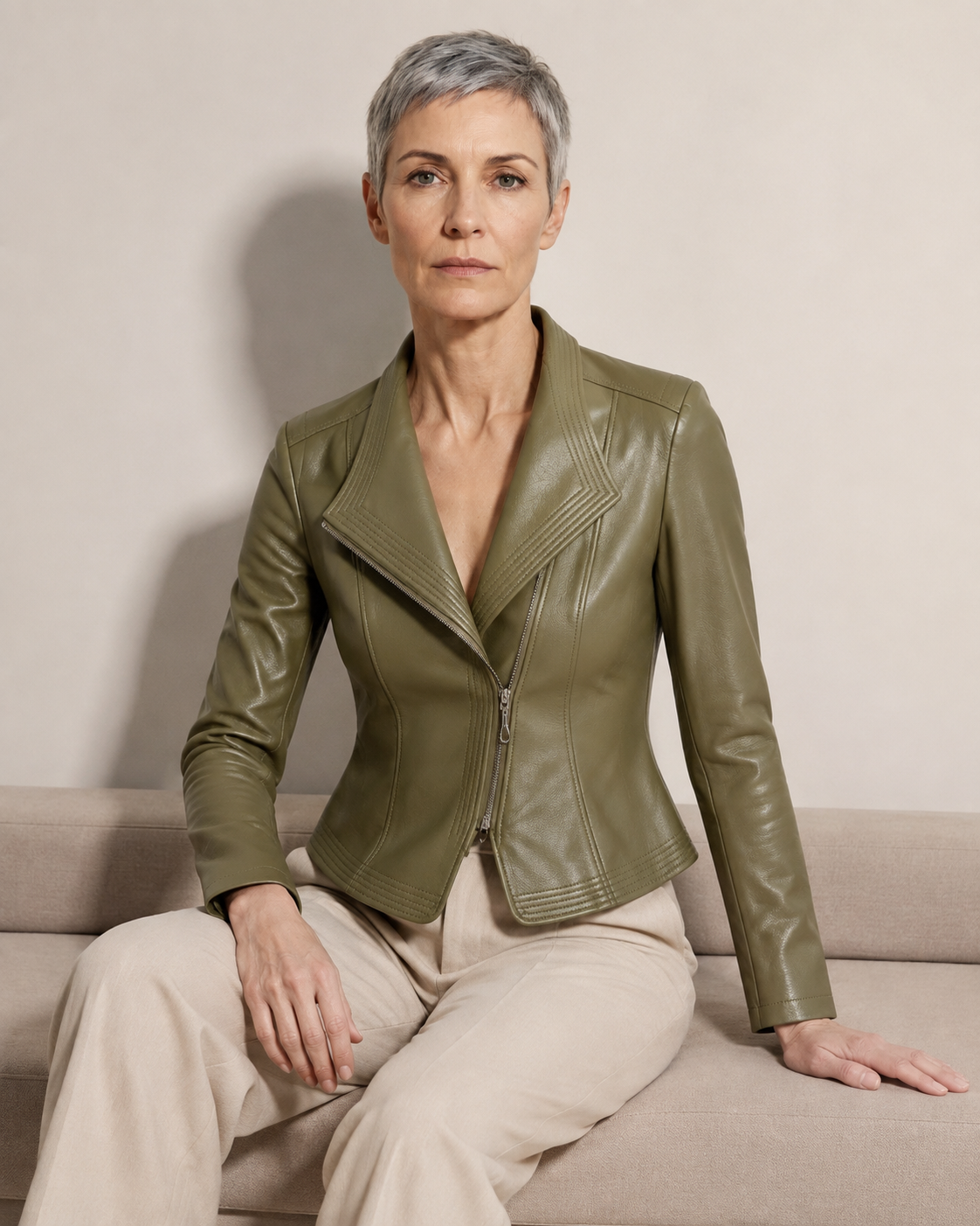 Women's Faux Leather Moto Jacket with Zip Front in Green, 03 seated or leaning, worn by model