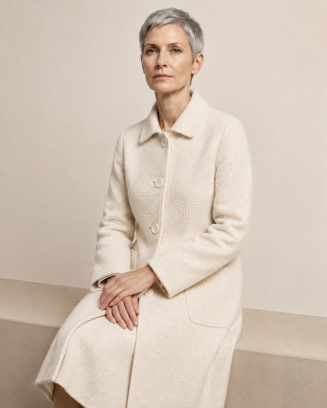 Women's Longline Lapel Coat for Everyday Layering in Off white, 03 seated or leaning, worn by model