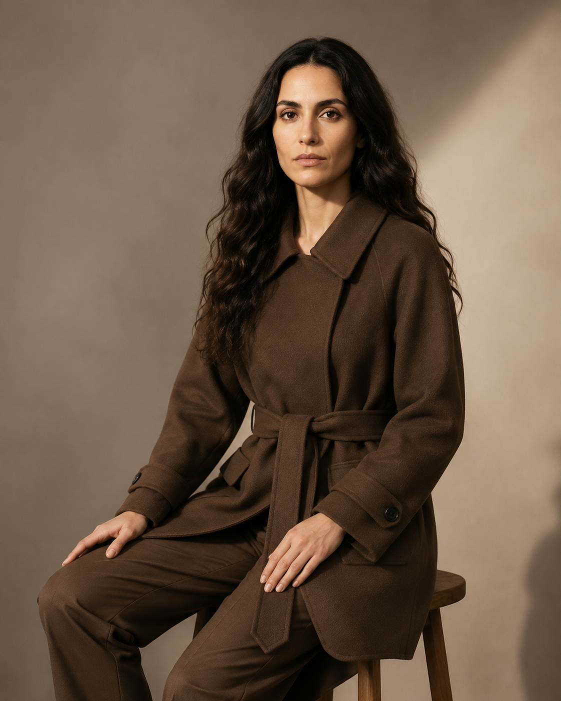 Women's Belted Wool Coat with Chest Flap Pockets in Brown, 03 seated or leaning, worn by model