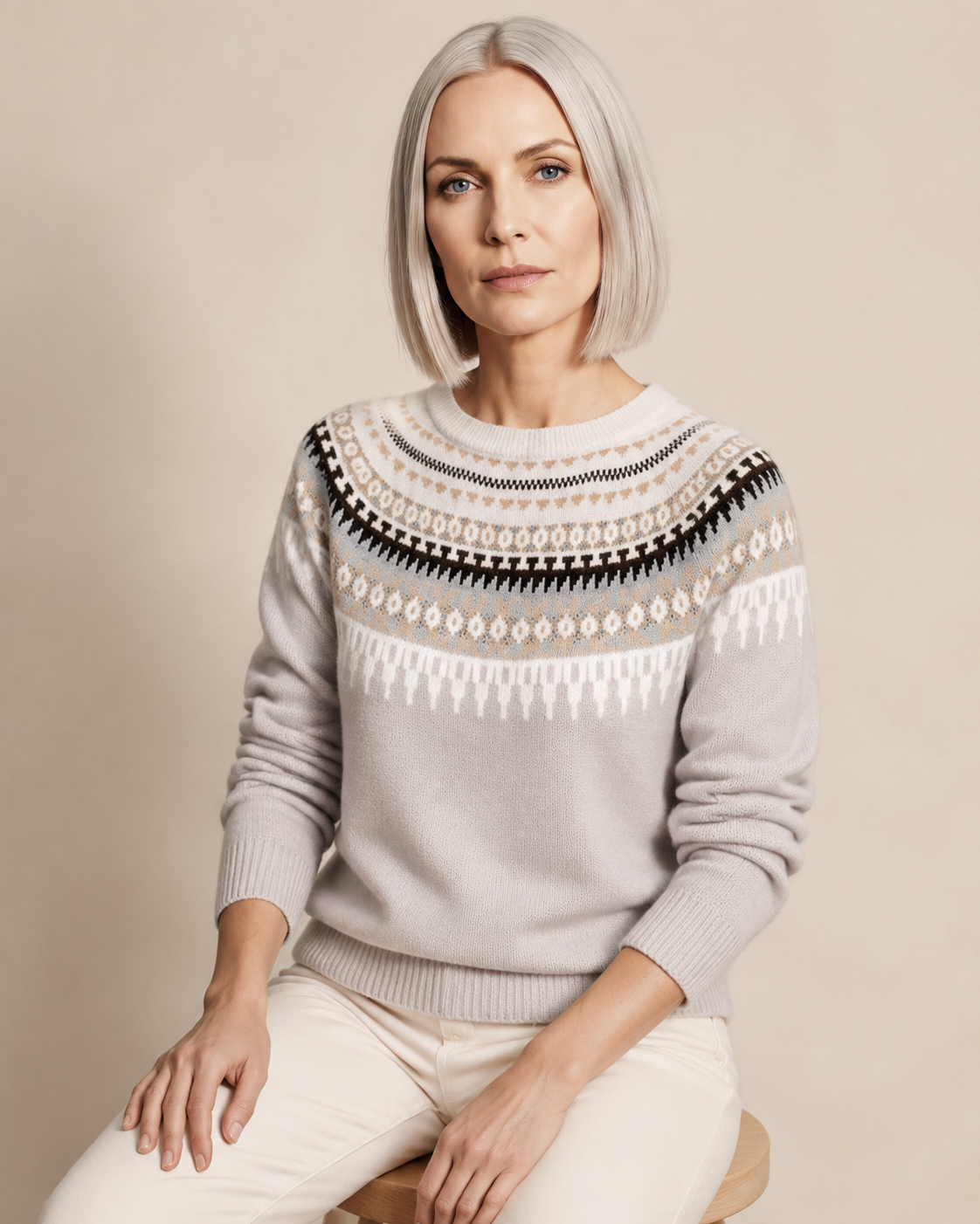 Women's Fair Isle Crewneck Knit Sweater in Light Grey, 03 seated or leaning, worn by model