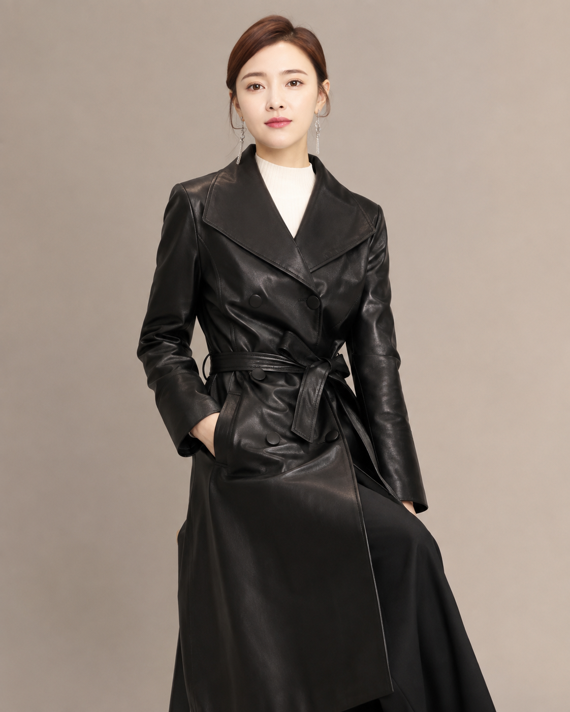 Women's Belted Trench Coat with Notched Collar in Black, 03 seated or leaning, worn by model
