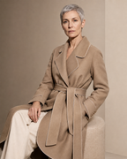 Women's Belted Wrap Coat with Draped Hem in Linen, 03 seated or leaning, worn by model