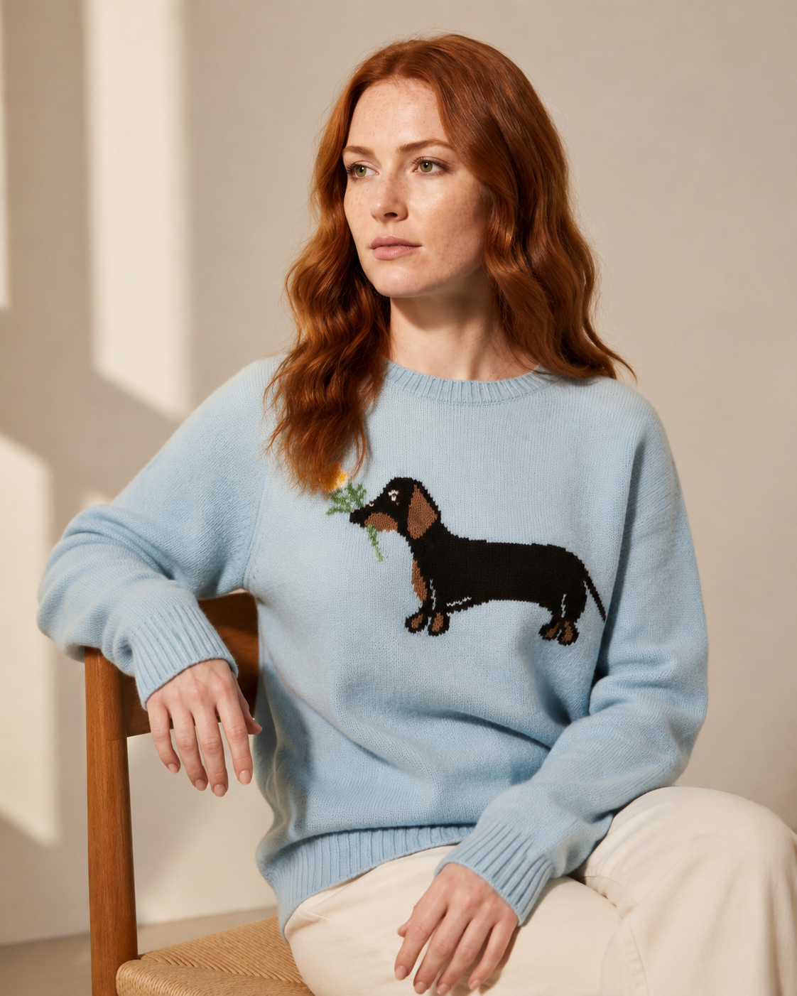 Women's Dachshund Motif Crewneck Knit Sweater in Sky Blue, 03 seated or leaning, worn by model