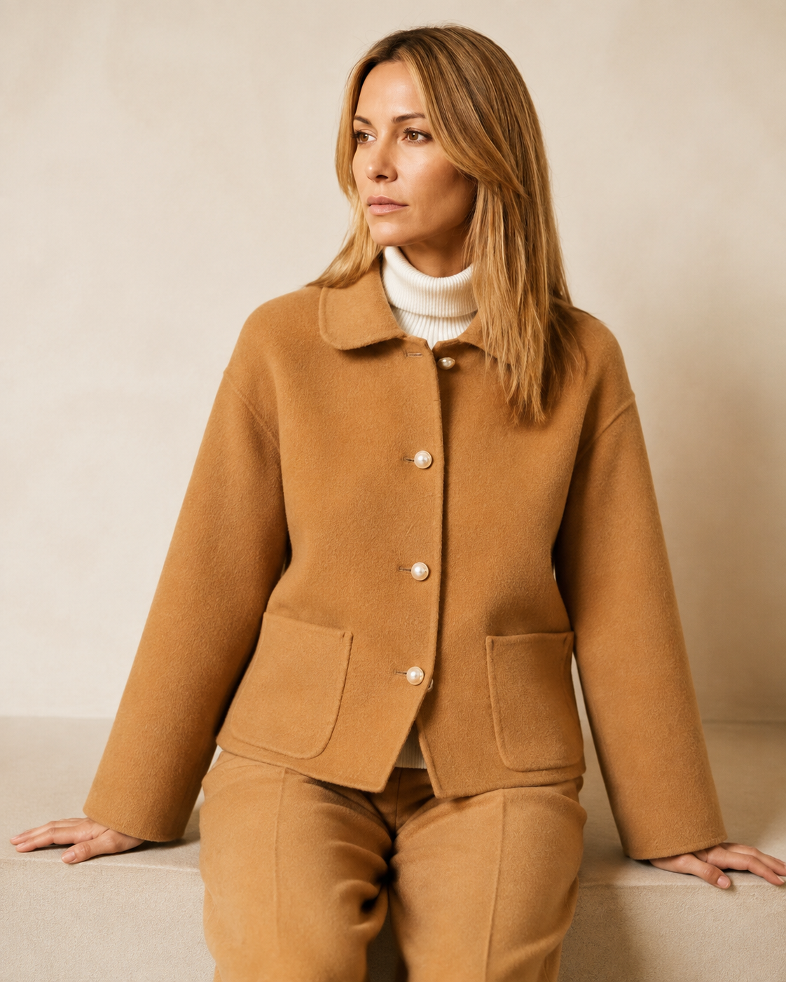 Women's Cropped Button-Front Woolen Jacket for Layering in Camel, 03 seated or leaning, worn by model