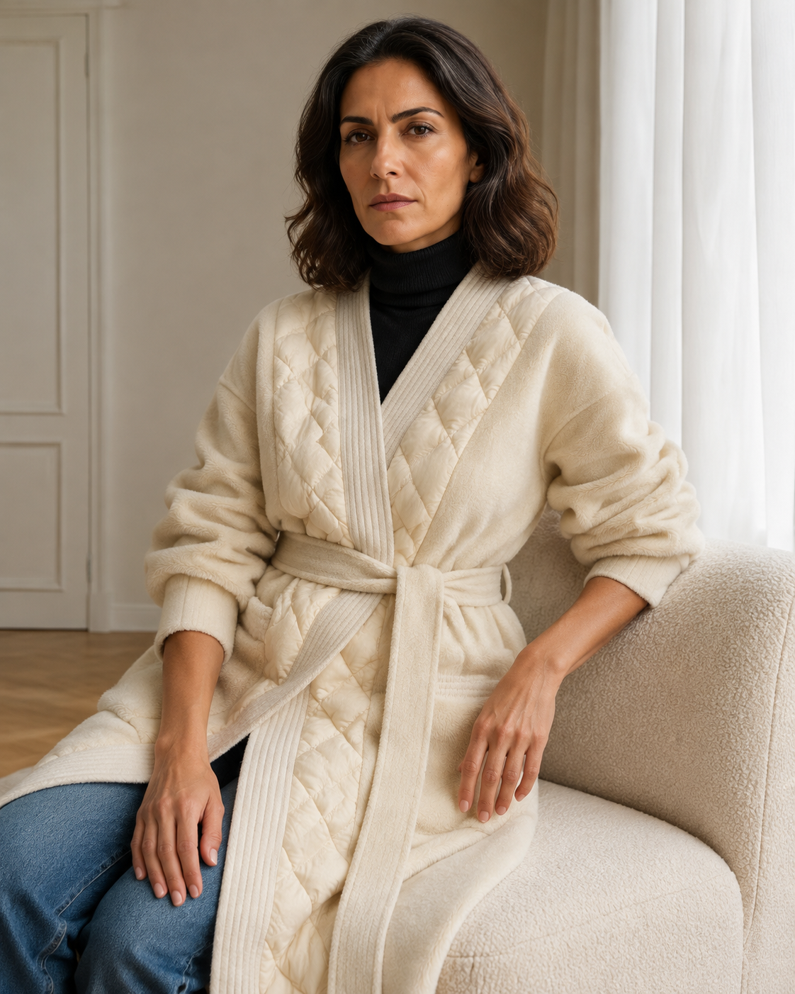Women's Belted Diamond-Quilted Mid-Length Coat in Creamy White, 03 seated or leaning, worn by model