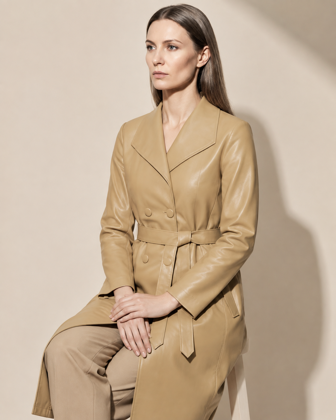 Women's Belted Trench Coat with Notched Collar in Khaki, 03 seated or leaning, worn by model