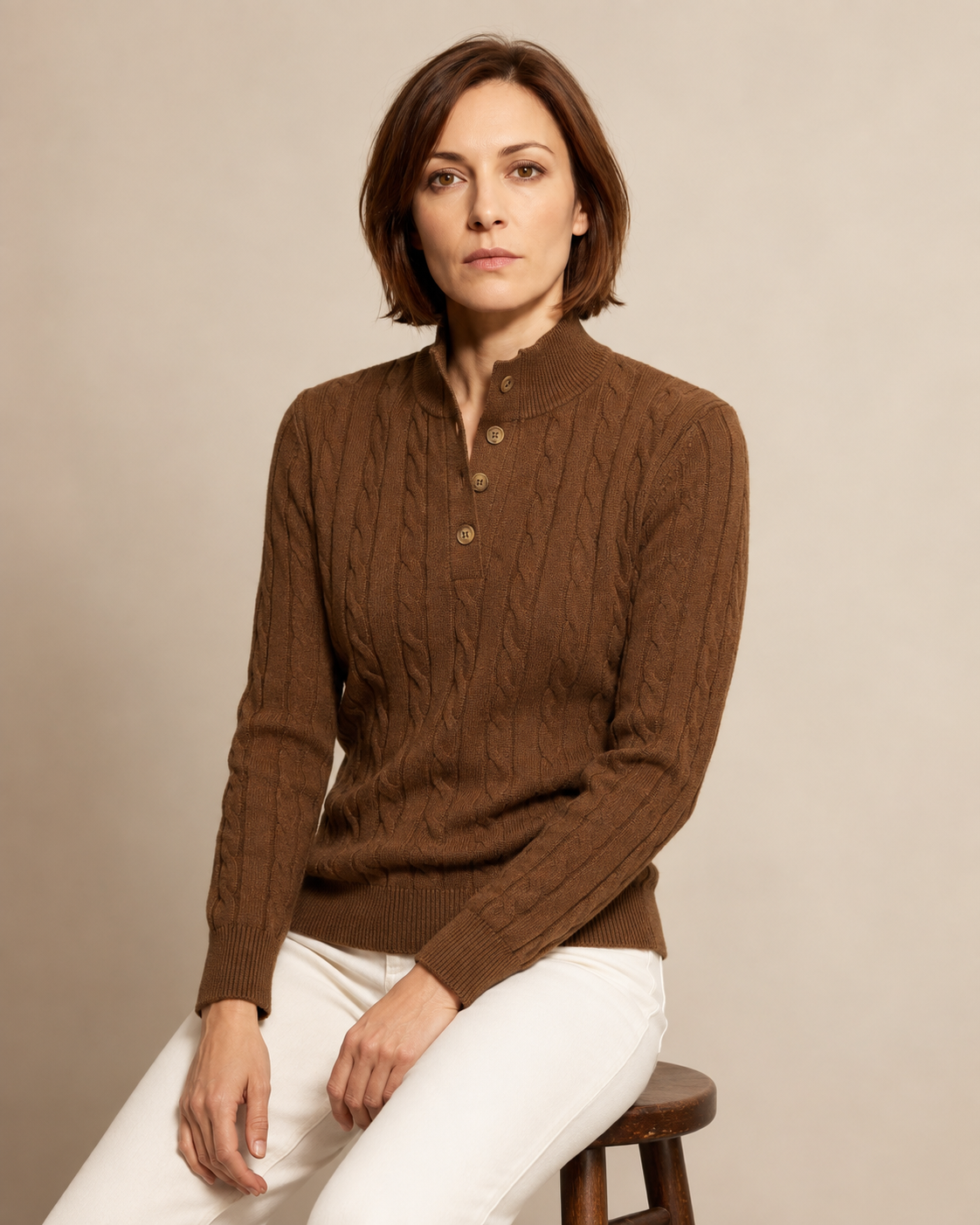 Half-height Henry Collar Button Twisted Sweater Thick Fashion Men's Knitwear in TL702 Caramel Mocha, 03 seated or leaning, worn by model