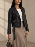 Warm editorial room · Soft sophisticated / old money Black bust to thigh