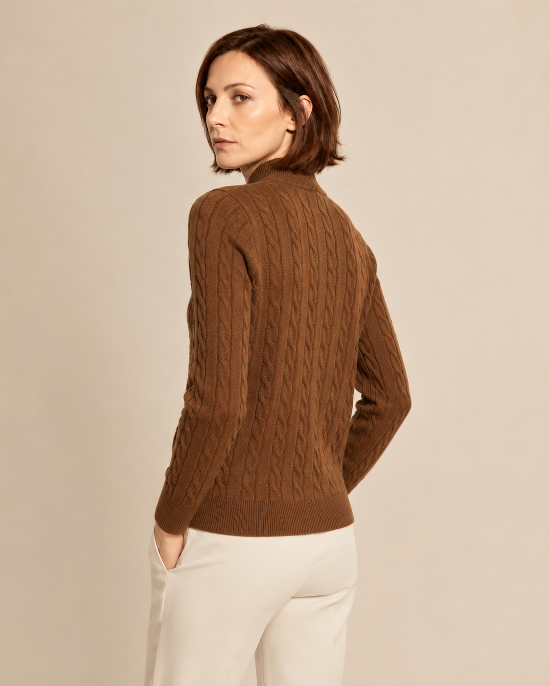 Half-height Henry Collar Button Twisted Sweater Thick Fashion Men's Knitwear in TL702 Caramel Mocha, 04 back or side, worn by model