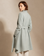 Women's Belted Wrap Coat with Draped Hem in Light Green, 04 back or side, worn by model