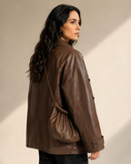 Women's Oversized Faux Leather Utility Jacket with Drawstring in Red Brown With Bag, 04 back or side, worn by model