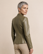 Women's Faux Leather Moto Jacket with Zip Front in Green, 04 back or side, worn by model