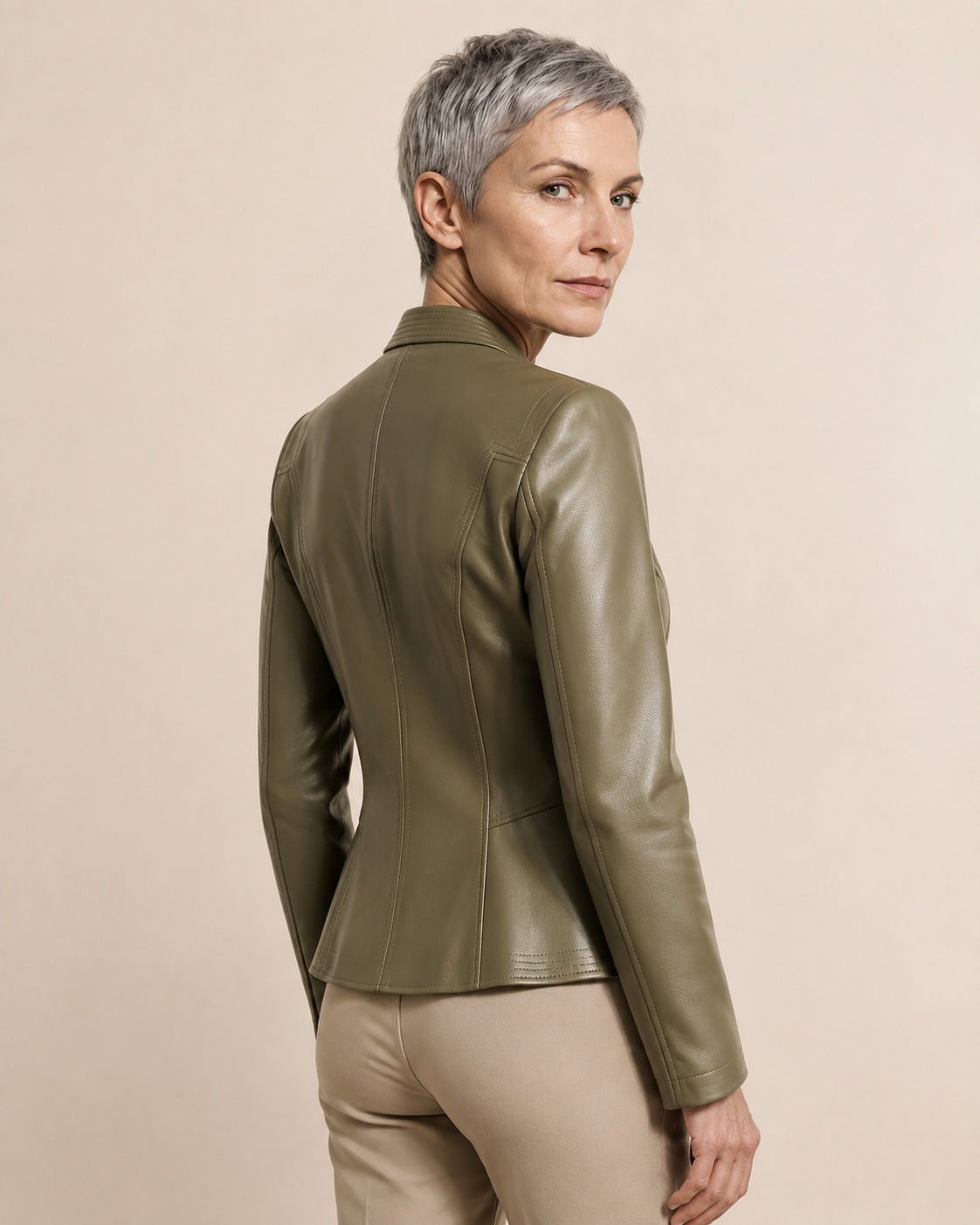 Women's Faux Leather Moto Jacket with Zip Front in Green, 04 back or side, worn by model