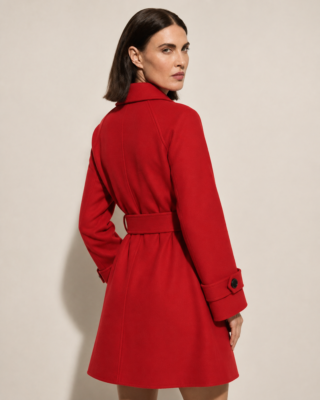 Women's Belted Wool Coat with Chest Flap Pockets in Bright Red, 04 back or side, worn by model