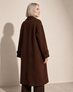 Women's Double-Breasted Long Coat with Patch Pockets in Reddish Brown, 04 back or side, worn by model