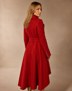 Women's Belted Wrap Coat with Draped Hem in Red1, 04 back or side, worn by model