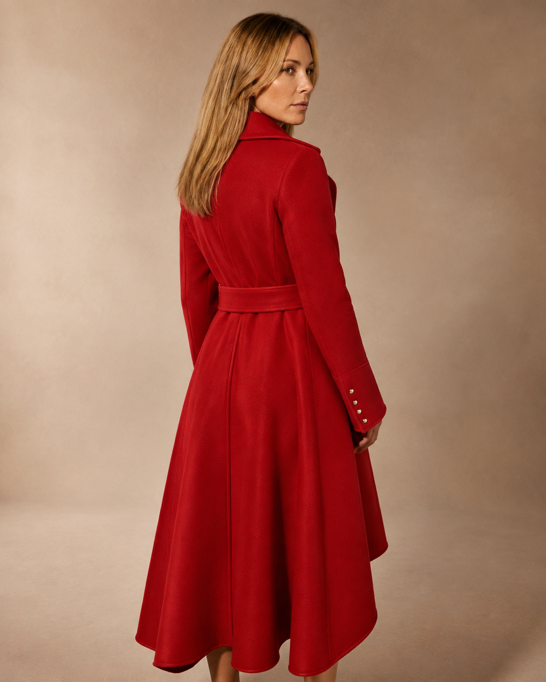 Women's Belted Wrap Coat with Draped Hem in Red1, 04 back or side, worn by model