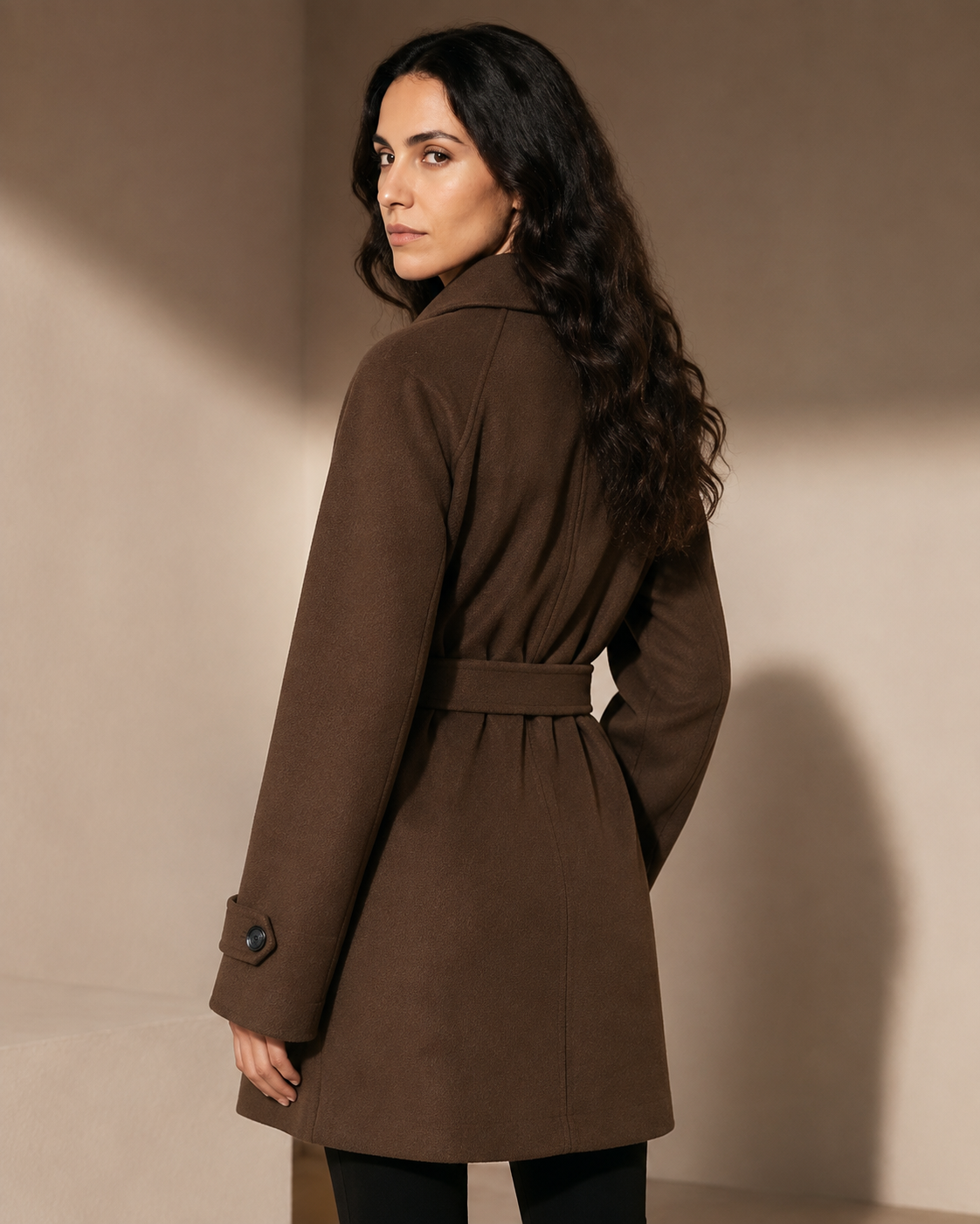 Women's Belted Wool Coat with Chest Flap Pockets in Brown, 04 back or side, worn by model