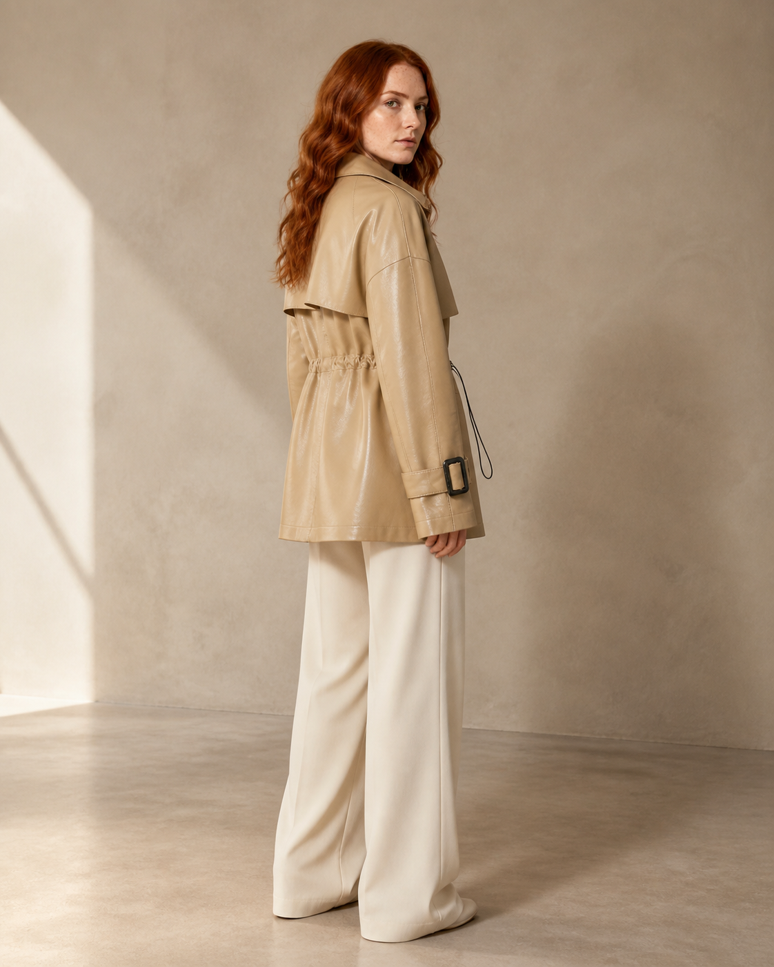 Women's Belted Leather-Look Trench Coat for Everyday Layering in Beige, 04 back or side, worn by model