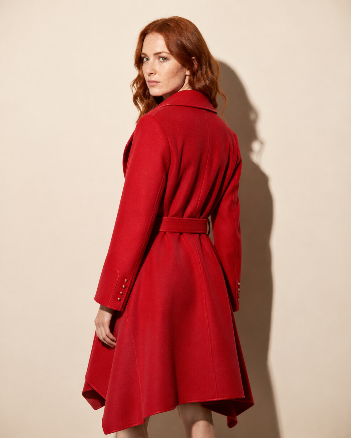 Women's Belted Wrap Coat with Draped Hem in Red, 04 back or side, worn by model